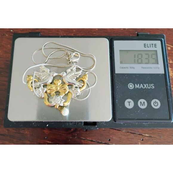 Vintage Gorham Sterling Love Birds Doves Pearl Heart Drop necklace on 18" Chain - Picture 8 of 8